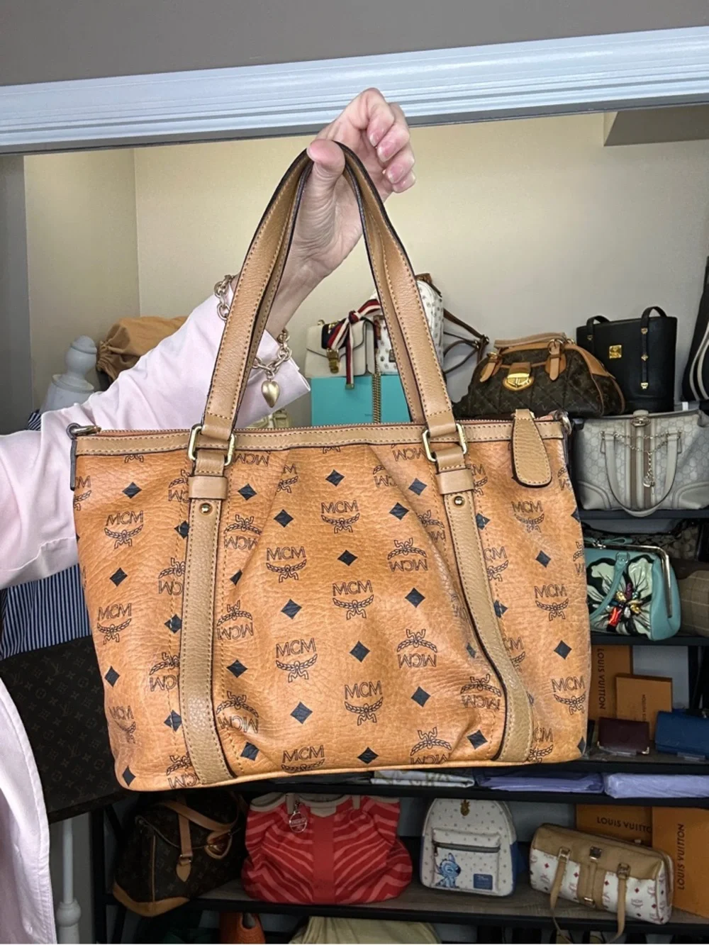 MCM Cognac Visetos Logo Buckle Tote with Gold Plate - Picture 5 of 14